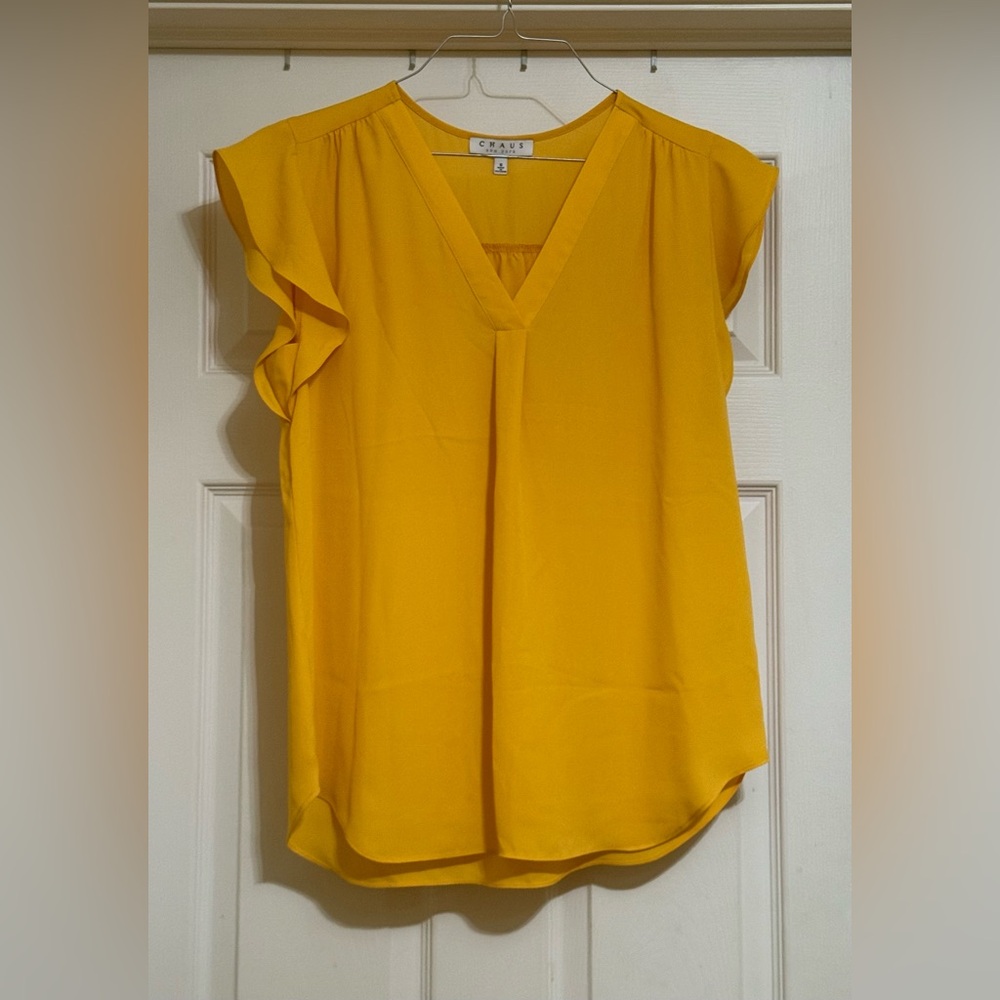Chaus Mustard V-Neck Ruffle Sleeve Blouse